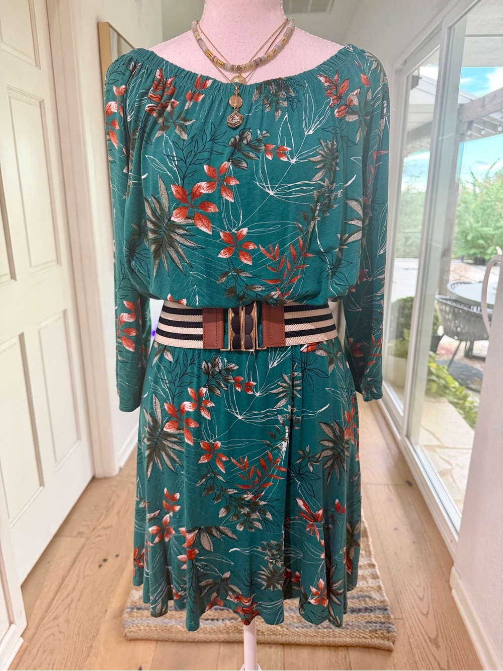 Green Floral Off-Shoulder Long Sleeve Dress Medium With Elastic Waist Flowy